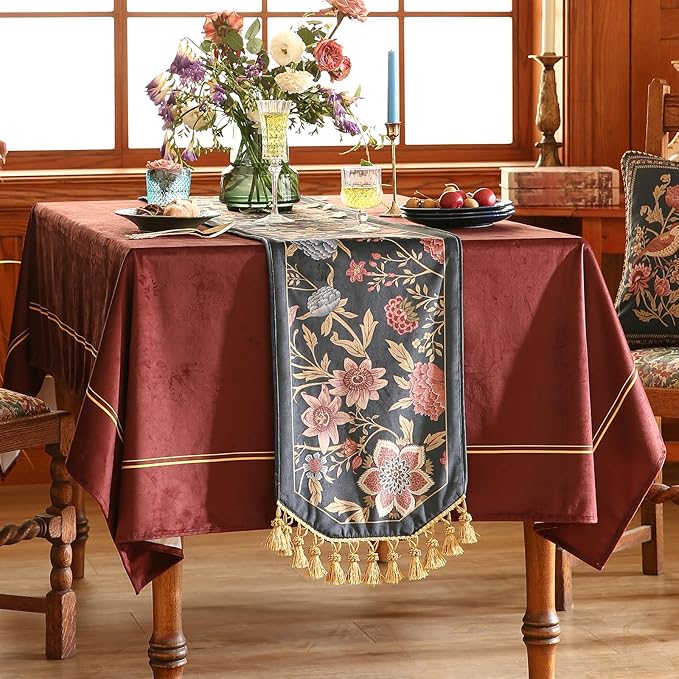 patdrea Designer Vintage Black Floral Extra Long Velvet Table Runner 118 Inch Long,Pink Khaki Bouquets Pattern Table Mat,Decor for Kitchen Dining Coffee Table Cabinet Banquet Thanksgiving,12"*118"