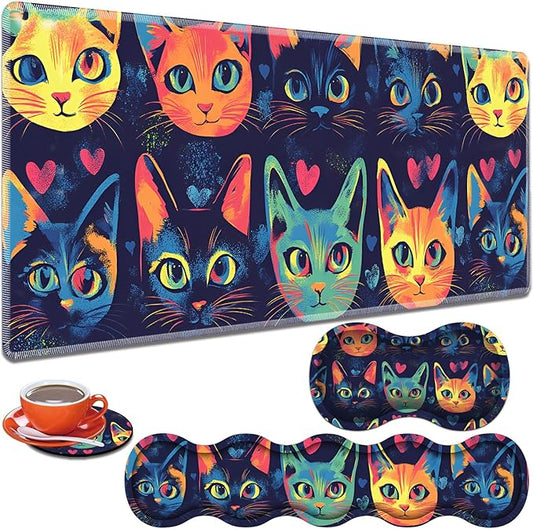 Large Gaming Table Pad 31.5 "x 11.8" + Keyboard Wrist Pad + Mouse Wrist Pad + Coaster Non-Slip Base 4-in-1 Set, Ergonomic Memory Foam, Easy Typing Pain Relief, Watercolor Cat Face