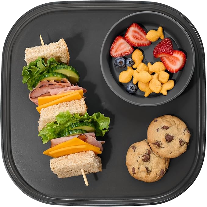 madesmart Dipware Reusable Dining Plate/Serving Tray for Appetizers and Snacks, Food-Safe Appetizer Serving Platter with Removable Dip Bowl, Carbon (Pack of 6)