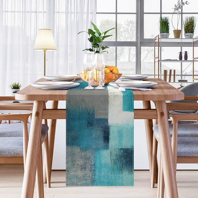 Emvency Farmhouse Table Runner, Modern Teal and Grey Abstract Art Painting for Kitchen Coffee Table Family Dinners Holiday Parties Wedding Events Decor(13x60 inch)