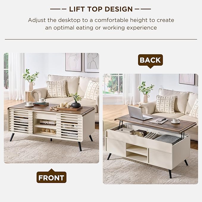 RedLemon 48" Lift top Coffee Table, mid Century Modern Coffee Table with Slatted Sliding Door, Hidden Storage Compartment, 4 Storage Shelves, Center Table for Living Room, Office, Antique White