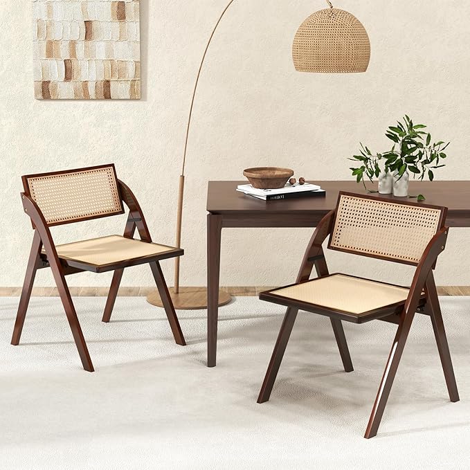 Giantex Folding Dining Chairs Set of 2, Wooden Folding Chair with Rattan Backrest & Seat, Sturdy Rubber Wood Frame, Armless Accent Chairs for Living Room, Kitchen, Wedding Party, No Assembly, Brown