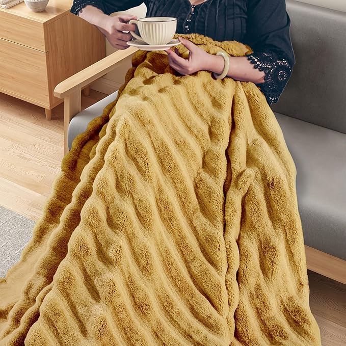 NEXHOME PRO Faux Fur Throw Blanket, Cozy Fluffy Soft Blanket or Couch Sofa Bed Living Room Decorative, Reversible Puffy Thick Warm Blanket for Winter 50"X60" Orange