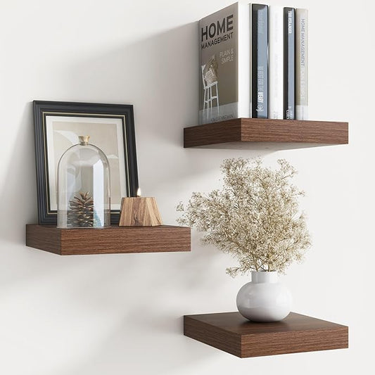 Floating Shelves for Wall with Invisible Brackets, Wall Mounted Engineered Wood Shelves with Wood Grain for Living Room, Bedroom, Bathroom, Kitchen Decor and Storage, Oak, 8"L Set of 3, Walnut