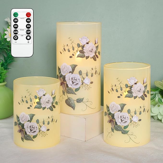 Flameless Candles with Remote & Timer, Love Theme Battery Operated Flickering Glass Rose LED Candles, Bedroom Home Christmas Summer Decor Table Ornament, Set of 3