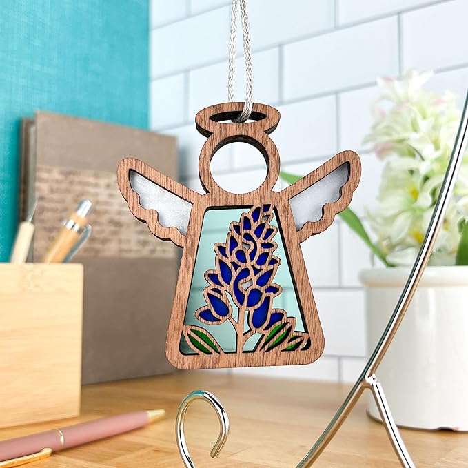 3.5" (H) Texas Bluebonnet Ornament - Angel Wings Shelf Decor - Sentimental Gift for Mom - Unique Texan Decorations