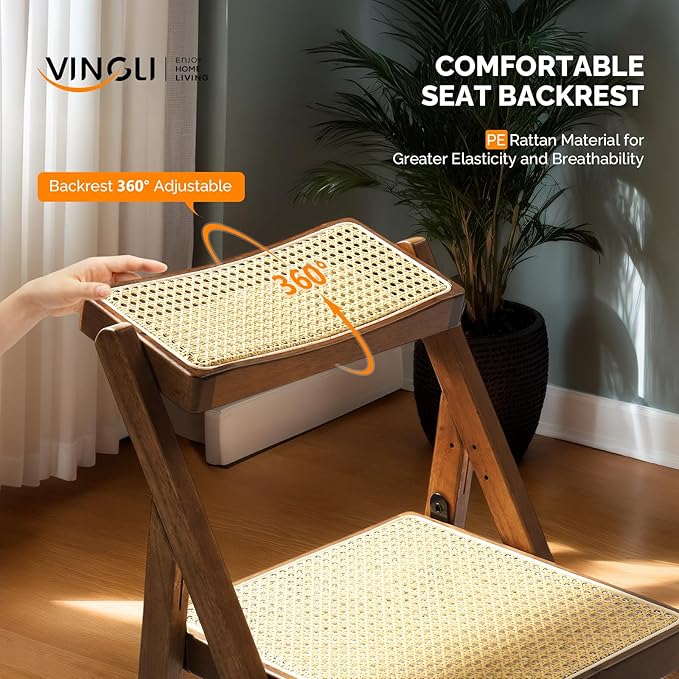 VINGLI 4 Pack Rattan Dining Chair, Wood Folding Chair with 360° Swivel Backrest, Rubberwood Frame and Rattan Woven Seat and Back, Walnut, Set of 4