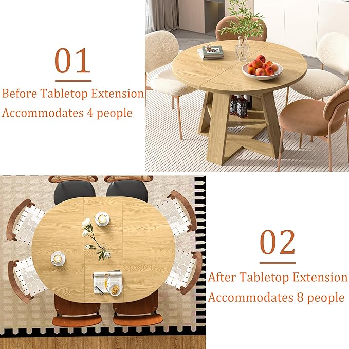 43.3in-59in Extendable Round Dining Table for 4-8,Modern Kitchen Oval Dining Table with Removable Leaves Space Saving,Wood Base with Storage Shelf for Kitchen Living Room (Wood Color)