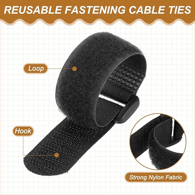 PATIKIL 6 x 0.79 Inch Reusable Cable Ties 10 Pcs Adjustable Hook and Loop Straps Cord Management Wire Wrap Cord Ties Organizer for Home Office Cables, Black