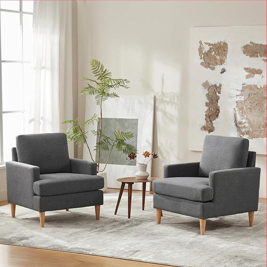 VKNOW Mid-Century Accent Chairs Set fo 2, Modern Upholstered Armchair for Living Room,Comfy Reading Accent Chairs with Wood Legs for Bedroom, Dark Grey Polyester