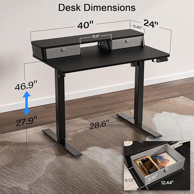 40 x 24 Inch Standing Desk with 2 Drawers, Easily Assembled Height Adjustable Desk, Ergonomic Sit to Stand Electric Desk for Home Office Workstation, Classic Black