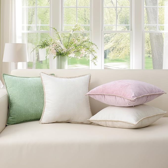 decorUhome Christmas Chenille Soft Throw Pillow Covers 22x22 Set of 2, Farmhouse Velvet Neutral Decorative Euro Pillow Covers with Stitched Edge for Couch Sofa Bed Home Decor, Sage Green