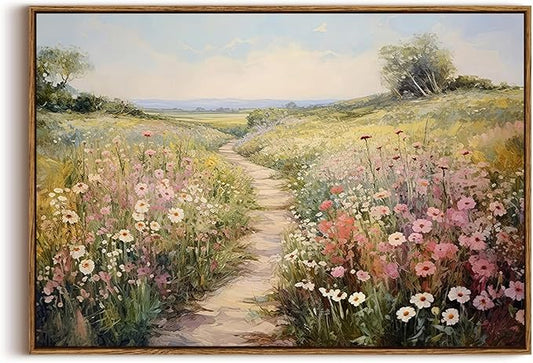 KISSFOX Vintage Wild flower Path Landscape Canvas Wall Art Spring Farmhouse Nature Floral Framed Wall Art Rustic Cottagecore Botanical Painting Art Prints Artwork For Living Room Bedroom Kitchen