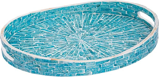 PEMAR 15.7" x 11.8" Oval Capiz Shell Serving Tray, Decorative Ottoman Tray for Living Room, Coffee Table, Breakfast in Bed, Candle Display (Teal Sunlight)
