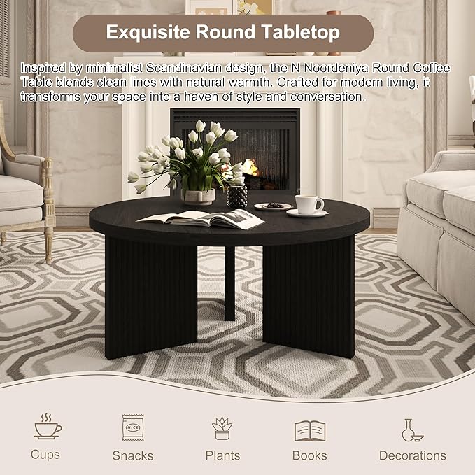 Wooden Round Coffee Table, 35" Coffee Table with Smooth Thick Mesa, Low Circle Center Table with X Shaped Stable Legs, Accent Tea Table for Living Room, Office, Black