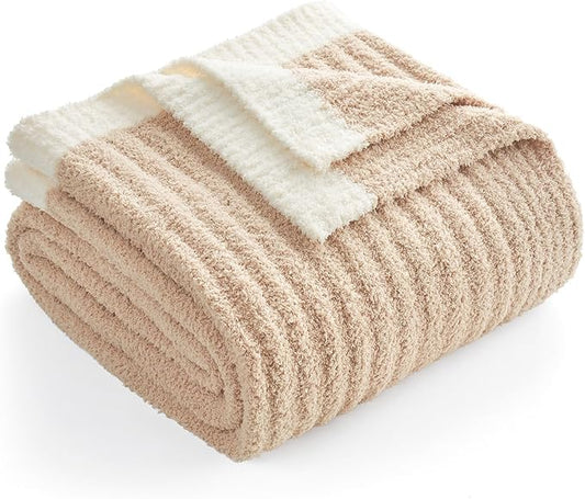 Snuggle Sac Fluffy Ribbed Beige Blanket Twin Size, Soft Luxurious Knit Fuzzy Plush Microfiber Blankets for Sofa, Bed, Beige, 60x80 inches