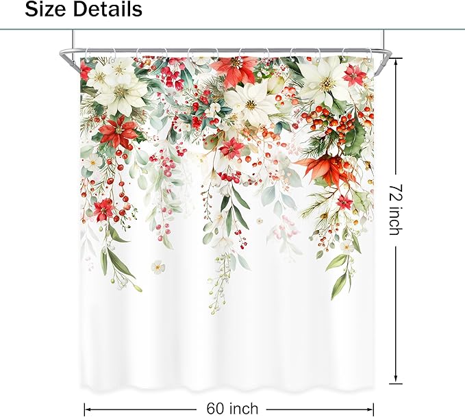 Christmas Shower Curtain 60Wx72L Inch Red Floral White Xmars Flowers Poinsettias Winter Holiday Bathroom Set Happy New Year Plant Watercolor Bath Curtain Bathtub Accessories Home Decor