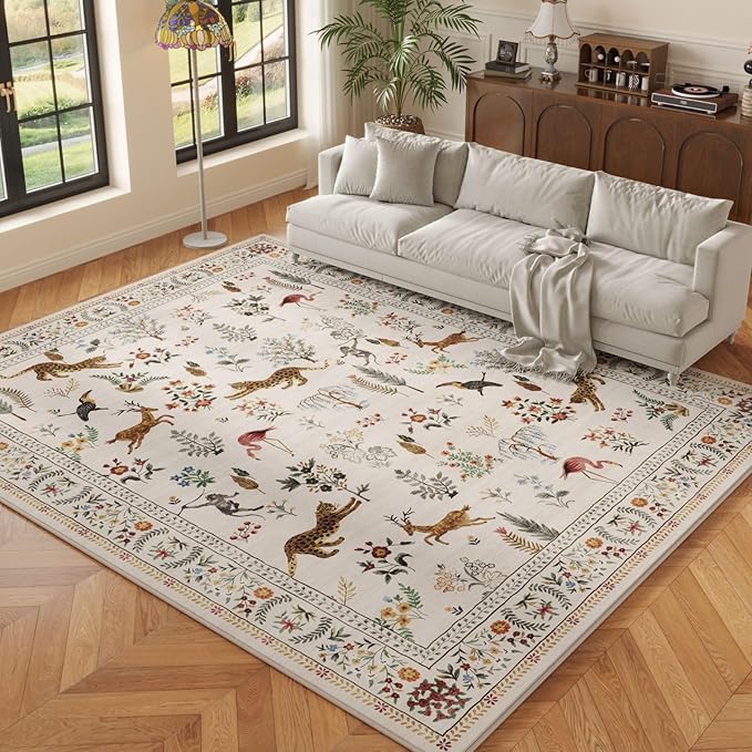 Rugcomf Living Room Rug 5x7 Rug Machine Washable Boho Area Rug Non Slip Floral Animal Vintage Low Pile Large Rugs for Living Room, Bedroom, Farmhouse, Dining Room, Kids Playroom (Beige)