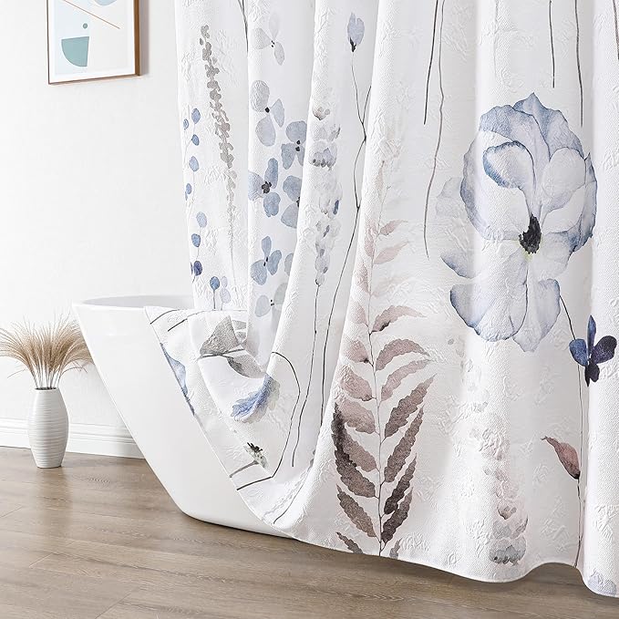 QiyI Watercolor Wildflowers Shower Curtain, Minimalist Grey Poppies Cloth Bath Curtain, Embossed Butterflies Botanical Flower Bathroom Curtain, Waterproof Fabric Shower Curtain Set with Hooks, 72x72