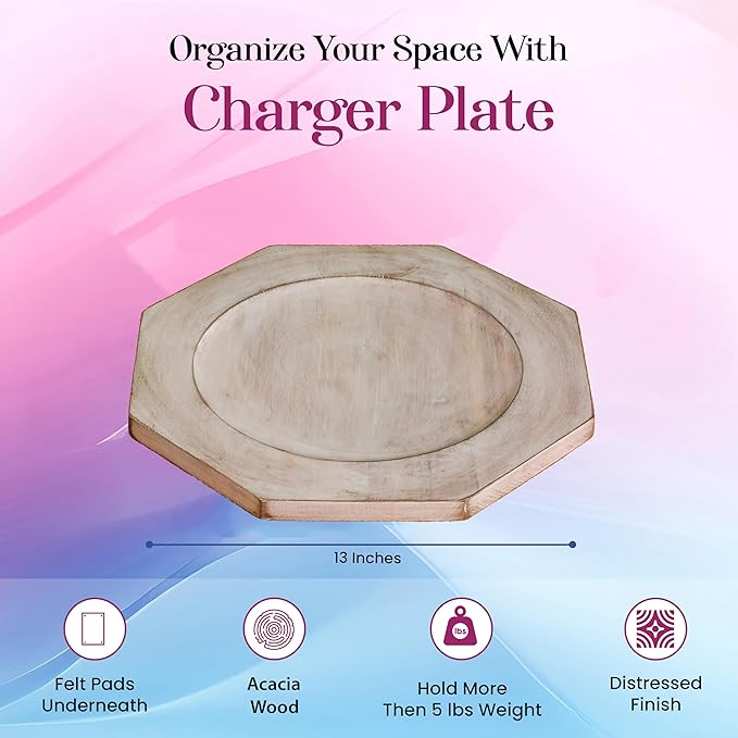 Alpha Living Home 2 Piece Handcrafted Wooden Plate - 13" Round Wood Dish, Party Platter and Tray for Sandwich Bread Serving, Appetizer Display, Vintage Ring Dish (White)