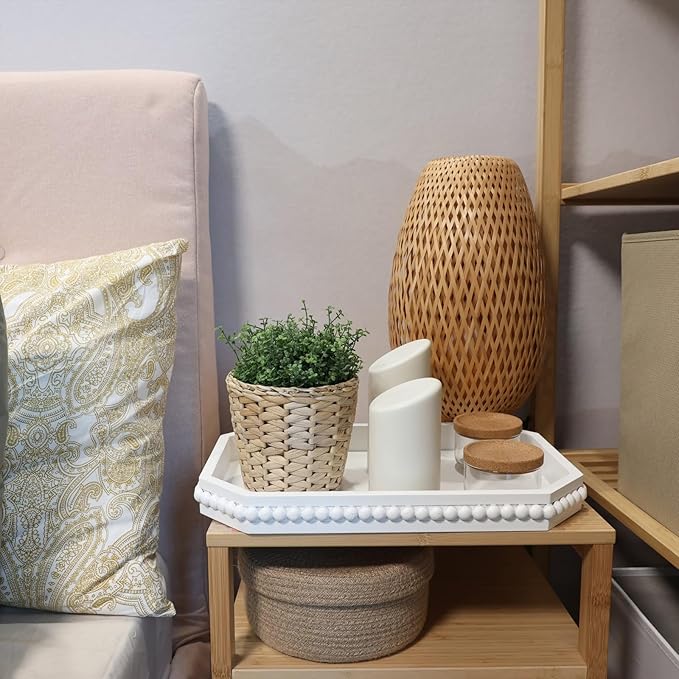 White Wood Serving Tray with Beads, Farmhouse Decorative Tray for Table Centerpiece, Christmas Wedding Halloween Home Decor