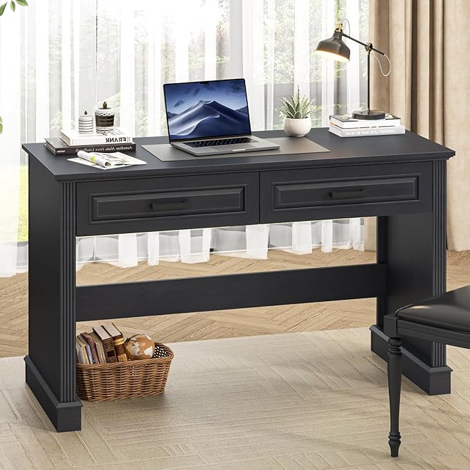 Farmhouse Executive Desk, 48 Inch Computer Desk with 2 Drawers, Simple Home Office Writing Desk Workstation for Bedroom Study Small Spaces, Black
