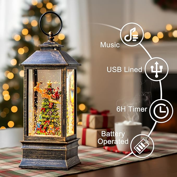 10.4" Christmas Snow Globe Water Lantern with Flying Santa Scene Battery Operated or USB Powered Musical Lighted Holiday Decoration for Tabletop Display for Family and Friends