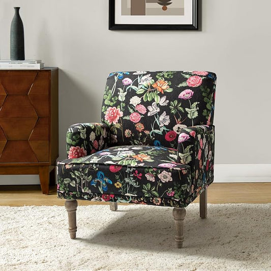 HULALA HOME Modern Armchair with Wooden Legs & Nailhead Trim, Comfy Upholstered Accent Chair for Living Room Bedroom (Floral Patterns, Black)