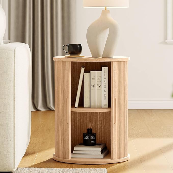 LINSY HOME Round Fluted End Table, Tall Side Table with Sliding Tambour Door and Storage Shelf, Modern Bedside Table, Mid-Century Nightstand for Living Room, Bedroom, Oak