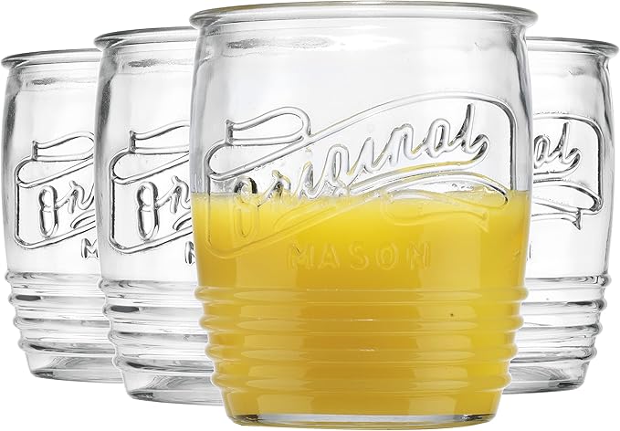 Glaver's Drinking Glasses Set of 4 Original Mason Whiskey 13 Oz Genuine Artisan-Made Vintage Italian Tumbler Glassware Set for Refreshing Drinks, Beverages, Iced Tea
