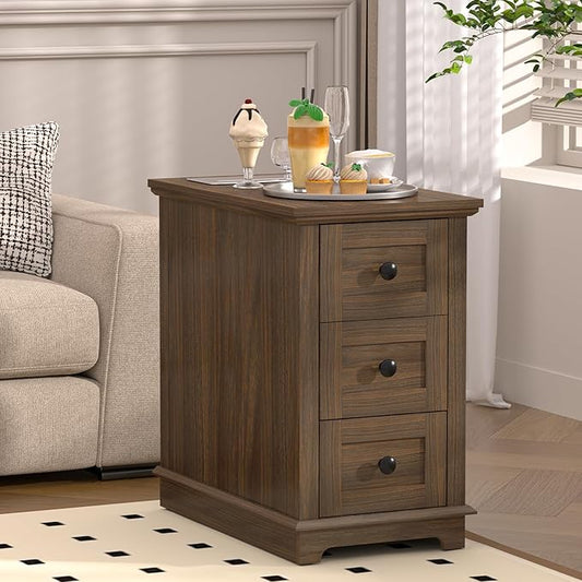 HIFYOBRO End Table with Flip Top Charging Station, Narrow Side Table with 3 Drawers, Wooden Nightstand, End Table with Storage for Living Room & Bedroom