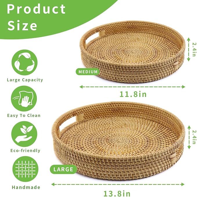 Handwoven Rattan Round Serving Tray, Natural Wicker Decorative Tray for Serving, Coffee Table, Home Décor and Entertaining, Gift Idea Choice,Set of 2