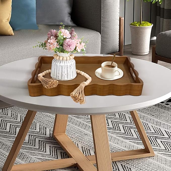 JUIOETURPine Wood Decorative Tray with Handle Rectangular Wooden Serving Tray for Breakfast in Bed,Coffee Table,Dining Table,or Kitchen - Perfect for Living Room,Bedroom,and Entryway Decor (Brown)