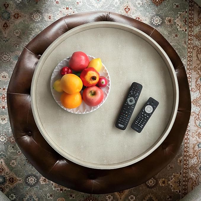 HofferRuffer Large Round Serving Tray 24'', Elegant Faux Leather Circle Ottoman Table Tray, Serve Tea Coffee Breakfast in Bedroom Living Room Kitchen (Cream White)