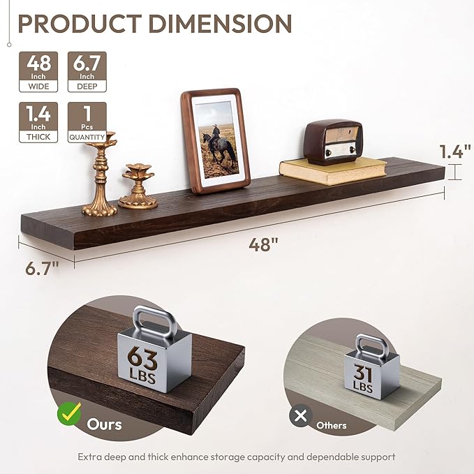 Marsmiles 48 inch Floating Shelves for Wall Solid Elm Wood Wall Mounted Shelves|Rustic Long Floating Shelves with Invisible Bracket for Bathroom Living Room Kitchen|Walnut, 1 Pack