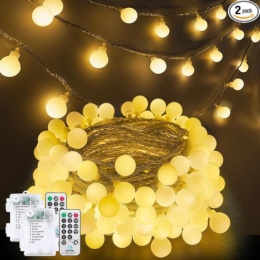 2 Pack Battery Operated String Lights - 52FT 120 LED Globe Fairy Lights with Remote, Waterproof Christmas Light Indoor Outdoor 8 Modes with Timer for Bedroom Classroom Dorm Christmas Decor, Warm White