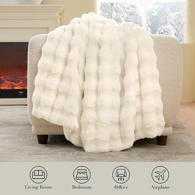 Amélie Home Faux Fur Throw Blanket for Bed, Ultra Soft Fuzzy Plush Bubble Blanket for Bedroom & Bed Decor, 90"x90", Cream White