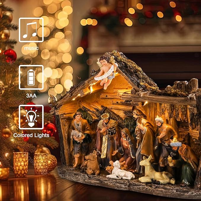 Christmas Nativity Set 9.5 Inch Village with LED Lights Figurine Nativity Music 3AA Batteries Interior Display Figurines Decorate Interior Room Tabletop Decor