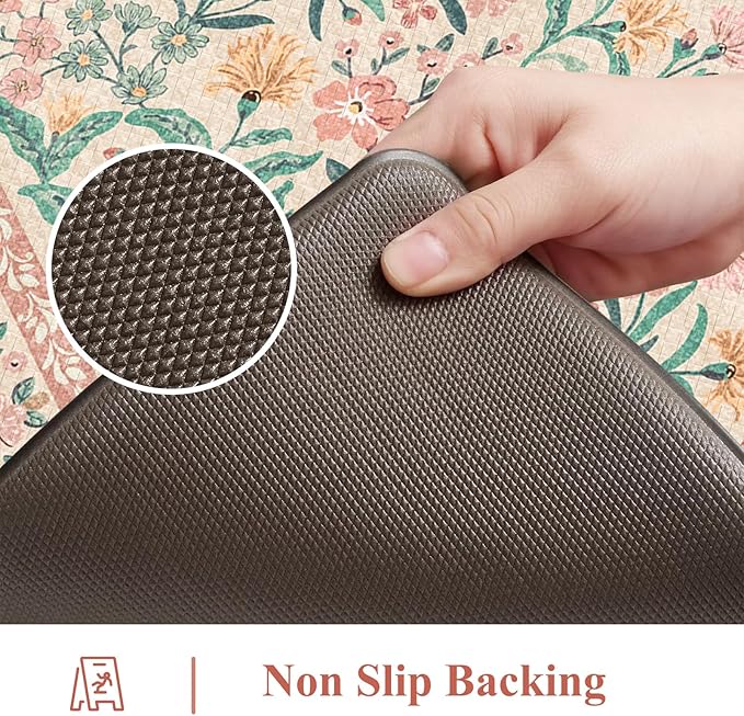 Collive Kitchen Mats Cushioned Anti Fatigue, Waterproof Kitchen Floor Mat Non Slip Desk Rugs Comfort Standing Rug, Pink Floral Carpets for Sink, Office, Laundry, Home Decor, 20" x 47" + 20" x 32"