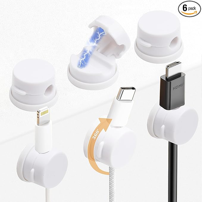 6 Pack Cable Management Clips[Upgrade Rotatable] Home Office Desk Cord Keeper Organizer Accessories Charger USB Wire Organizer Cord Holder for Nightstand (White)