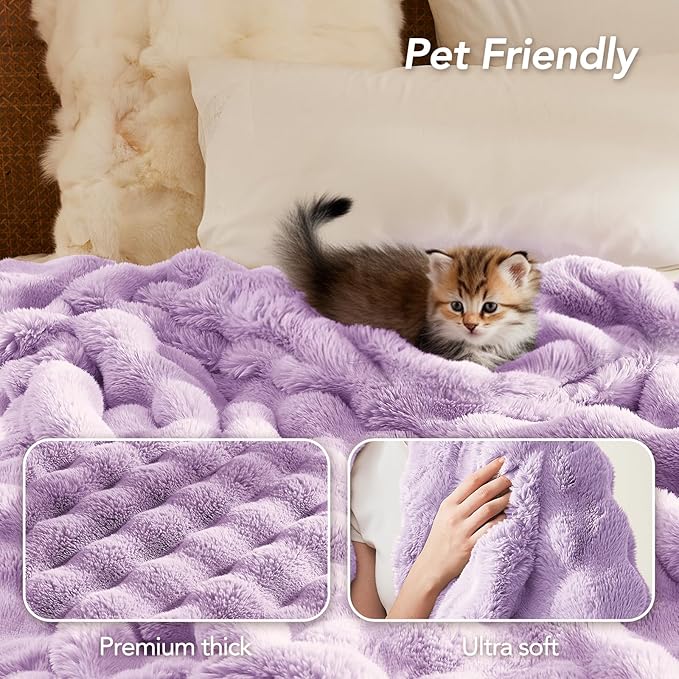 L'AGRATY Faux Fur Throw Blanket: 50" x 60" Luxury Soft Fluffy Rabbit Fur Blankets Twin for Couch Bed Sofa - Cozy Plush Bubble Blankets for Winter: Flannel Fleece Decorative Blanket(Purple)