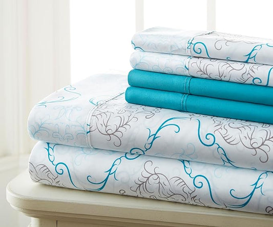 Queen Size Bed Sheets Set Deep Pockets - 6PC Floral Ultra Soft Microfiber Bed Sheets - Easy to Clean, 90 Thread Count Sheets with Fitted Sheet, Flat Sheet & Pillowcases (Turquoise Medallion)