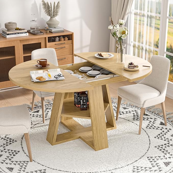 43.3in-59in Extendable Round Dining Table for 4-8,Modern Kitchen Oval Dining Table with Removable Leaves Space Saving,Wood Base with Storage Shelf for Kitchen Living Room (Wood Color)