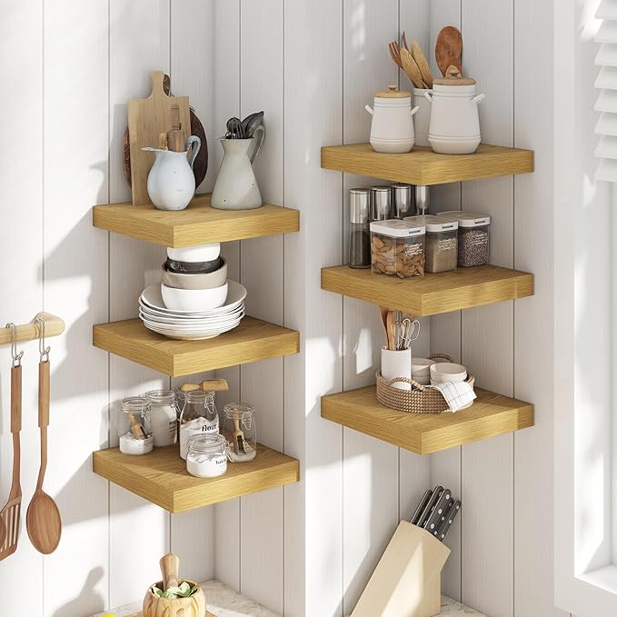 Floating Shelves for Wall with Invisible Brackets, Wall Mounted Engineered Wood Shelves with Wood Grain for Living Room, Bedroom, Bathroom, Kitchen Decor and Storage, Oak, 12"L Set of 3, Oak