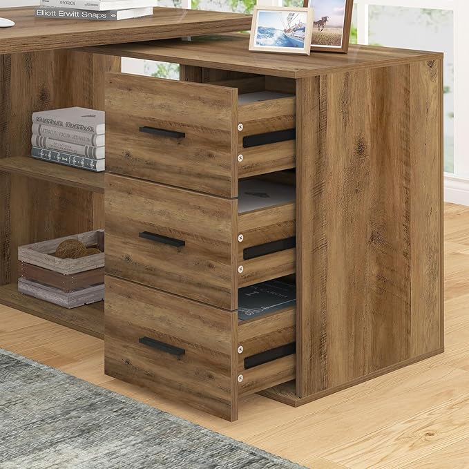 HSH 360 Rotating L Shaped Desk with Drawers, L Shape Computer Desk with Storage Cabinet Shelves, Rustic Home Office Desk for Executive Writing Study Work, Wood Table Swivel Desk, Rustic Oak, 55 Inch