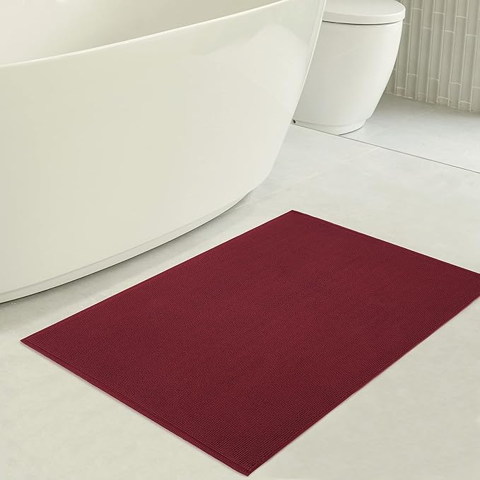 American Soft Linen Bath Rug, 17 in 24 in 100% Cotton Bath Mats Rugs for Bathroom, Slip Reducer Washable Shaggy Form Area Rugs, Burgundy Red Bath Rug