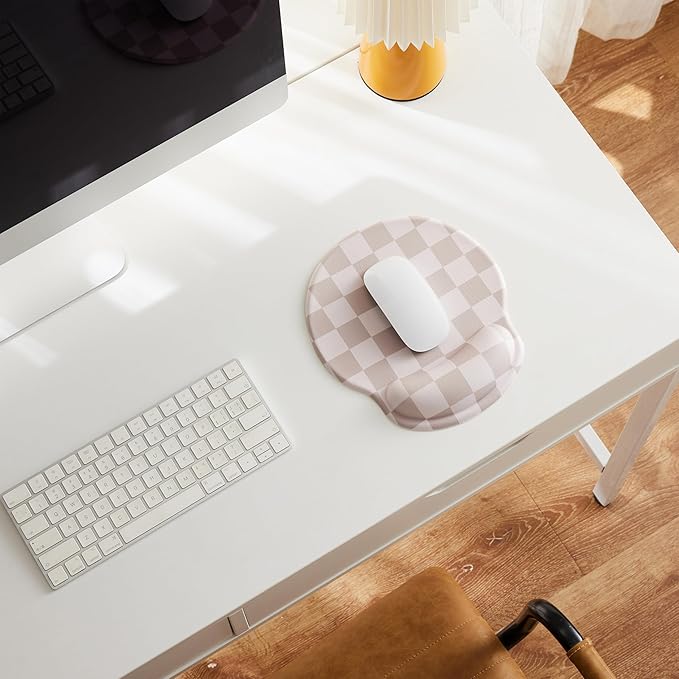 Beige Khaki Checkered Mouse Pad with Gel Wrist Rest, Wrist Support, Ergonomic Desk Accessories for Women, Office Laptop Gaming Decor, Cute Aesthetic Check Design