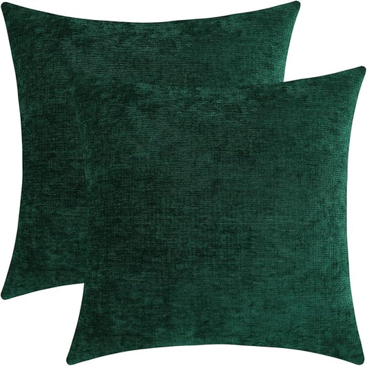 Hunter Green Chenille Decorative Couch Throw Pillow Covers, Soft Cushion Cases for Home Livingroom Sofa Décor, Pack of 2, 18 x 18 Inches