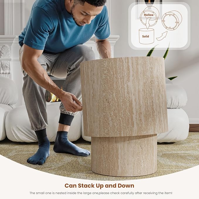 Nesting Coffee Tables Set of 2 Wooden Round Coffee Table Circle Nested Table Modern Coffee Table Round Accent Tables Set for Living Room Bedroom Office (Light Wood Color D18.1+D14.6“)