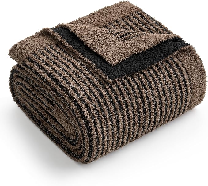 Snuggle Sac Ultra Soft Throw Blanket for Couch, Fuzzy Microfiber Knit Stripe Blankets for Couch, Sofa, Travel, Black Brown, 50x60 inches
